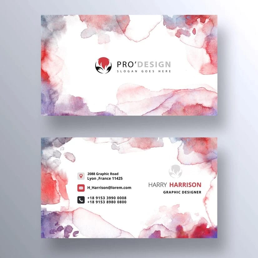 Two Sided Watercolor Business Cards in Red and Purple